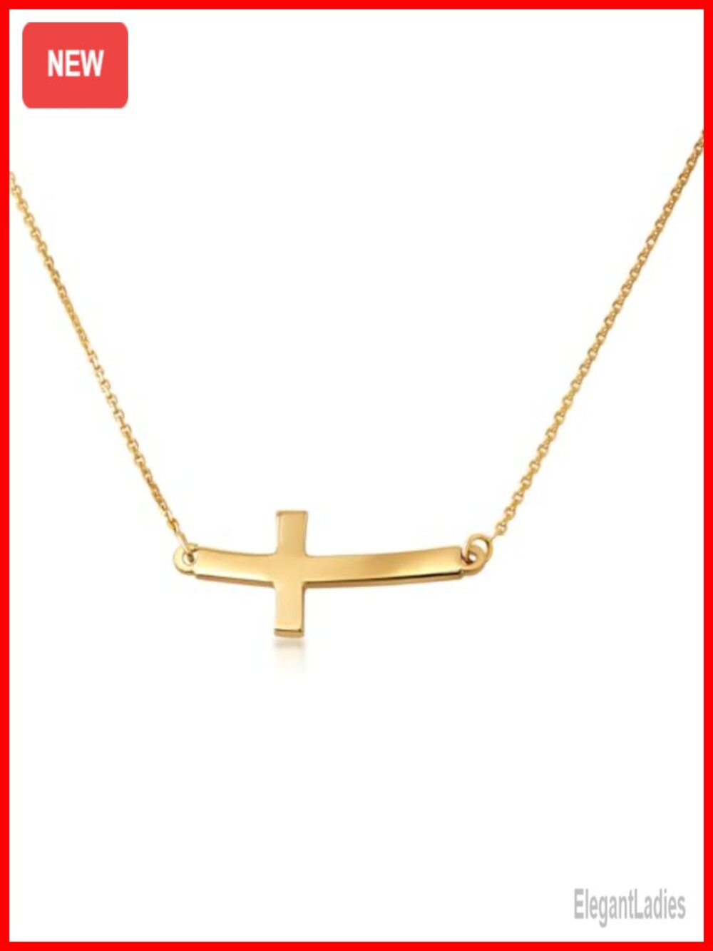 14K Gold Curved Sideways Cross Necklace Rolo Chain